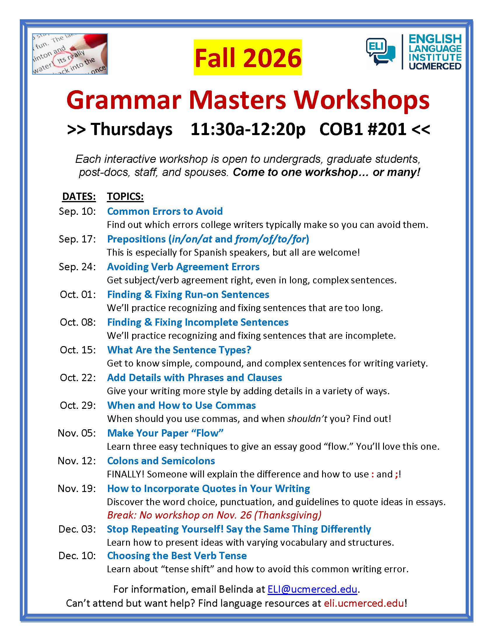 image of fall workshop schedule