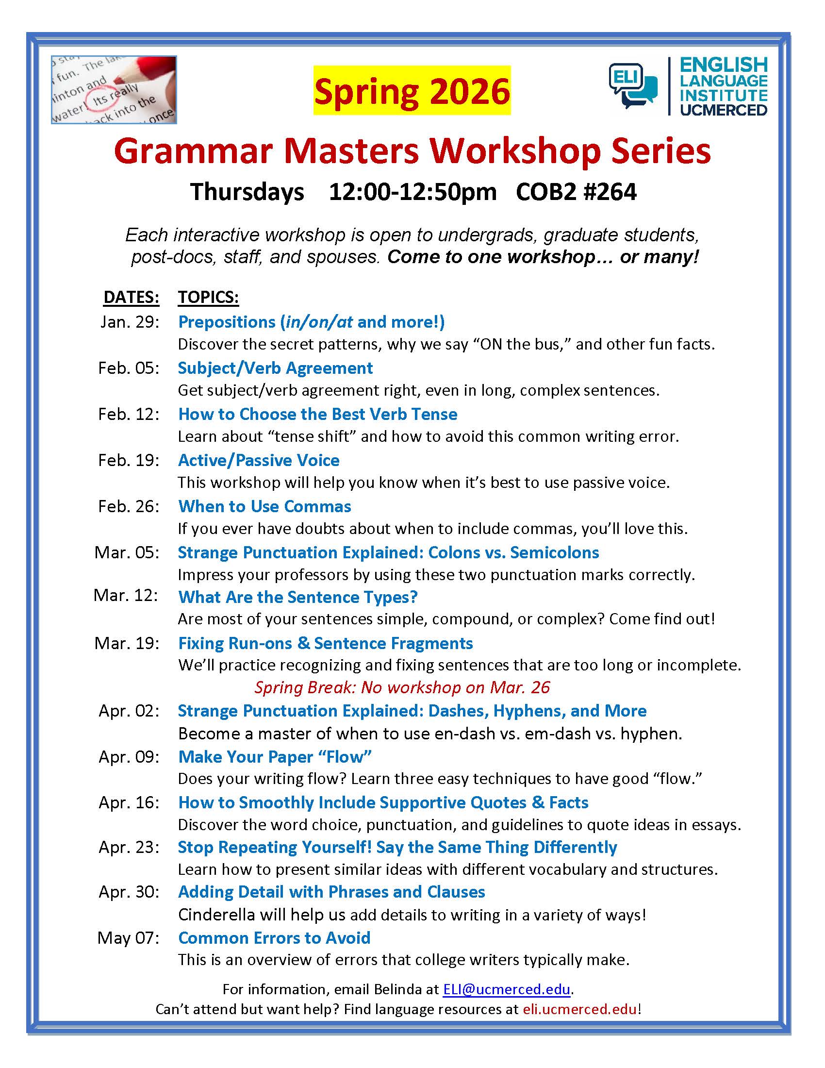 Image of Spring 2026 workshop schedule